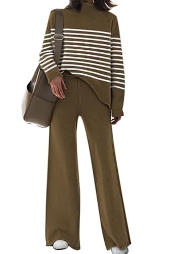 AOHITE Women's Long Sleeve Knit Sweater Top & Wide Leg Sweatpants Outfit Set