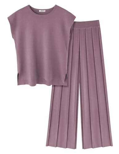 Ekouaer Women's Knit Cap Sleeve Tops & Wide Leg Pleated Pants Casual Sweater Sets