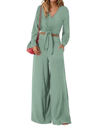 PrettyGarden Women's 2025 Spring V Neck Crop Top & Wide Leg Palazzo Pants Outfit Sets