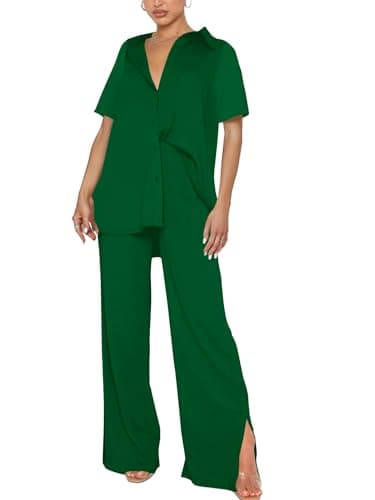 LYANER Women's Button Down Shirt & Wide Leg Pants Set