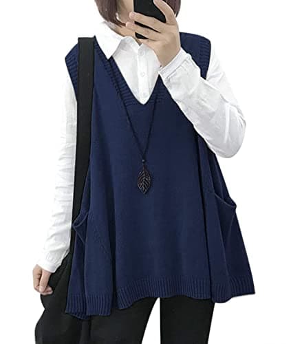 Oversized Cotton Knit Sweater Vest for Women with Drop Pockets