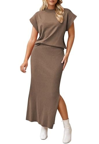 Pink Queen Women's Summer Cap Sleeve Sweater SET Bodycon Maxi Knit Dress