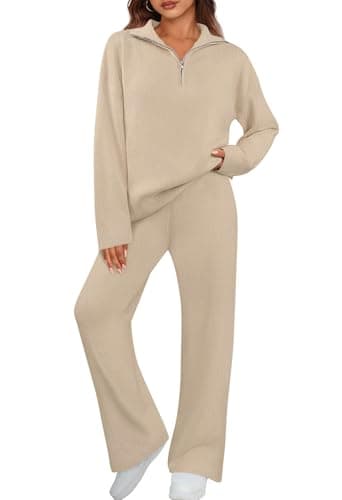MEROKEETY Women's Long Sleeve Quarter Zip Knit Top & Wide Leg Pants Matching Set
