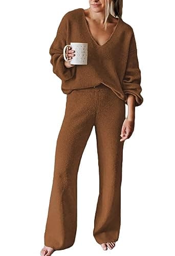Fixmatti Women's 2-Piece Long Sleeve Knit Sweater Set Wideleg Pants Outfit