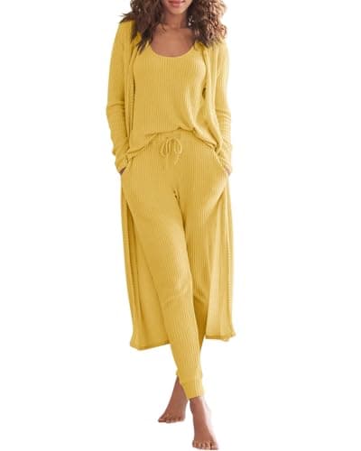 Eurivicy Women's Waffle Knit 3-Piece Lounge Set with Long Cardigan