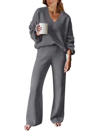 ANRABESS Women's Long Sleeve Cable Knit Set with Wide Leg Pants