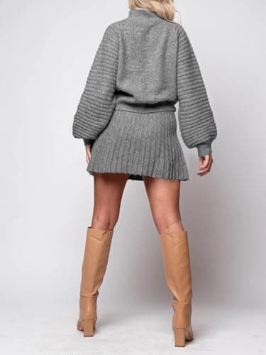 Zwurew Women's 2024 Long Sleeve Mock Neck Ribbed Sweater & Mini Skirt Set