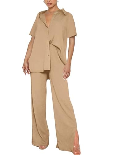LYANER Women's Button Down Shirt & Wide Leg Pants Set
