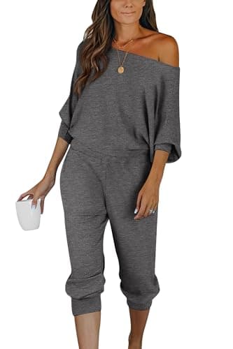 PRETTYGARDEN Women's Off-Shoulder Ribbed Tracksuit with Pockets