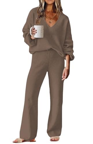 ETCYY New Women's Sweater Lounge Set Casual V-Neck Long Sleeve Top Wide Leg Pants