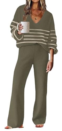 ETCYY New Women's Sweater Lounge Set Casual V-Neck Long Sleeve Top Wide Leg Pants