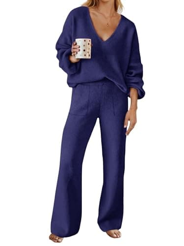 MEROKEETY Women's Long Sleeve Knit Top & Wide Leg Pant Lounge Set