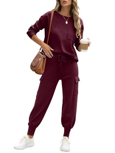 Caracilia Women's Long Sleeve Knit Outfit Matching Jogger Pants Fall Lounge Sets