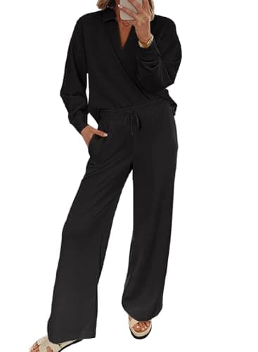 EVALESS Women V-Neck Sweatshirt & Wide Leg Sweatpants Lounge Set