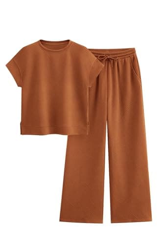 PRETTYGARDEN Women Casual Tracksuit Short Sleeve Top & Wide Leg Pants Matching Lounge Set