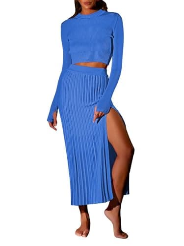 Pink Queen Women's 2-Piece Long Sleeve Crop Top & Ribbed Midi Skirt Knit Dress Set