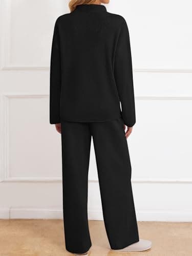 MEROKEETY Women's Long Sleeve Quarter Zip Knit Top & Wide Leg Pants Matching Set
