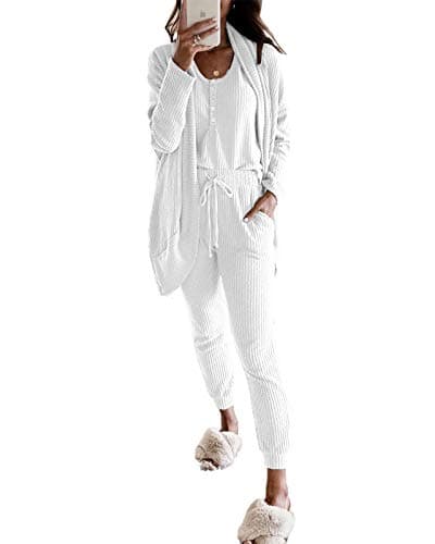 Fessceruna Women's Waffle Knit Lounge Set Tank Top & Long Sleeve Cardigan Pants