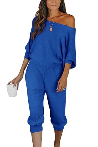 PRETTYGARDEN Women's Off-Shoulder Ribbed Tracksuit with Pockets