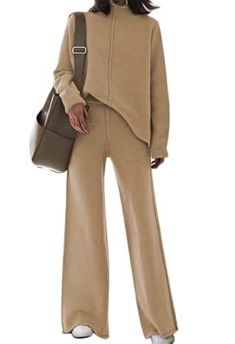 Linsery Women's High Neck Knitted Sweater Set with Wide Leg Pants