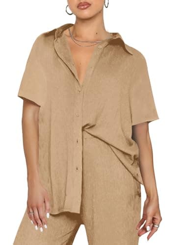 LYANER Women's Button Down Shirt & Wide Leg Pants Set