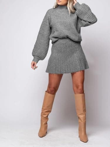 Zwurew Women's 2024 Long Sleeve Mock Neck Ribbed Sweater & Mini Skirt Set