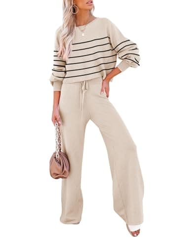 Pink Striped Knitted Sweater & Wide Leg Pants Outfit for Women Lounge Sets
