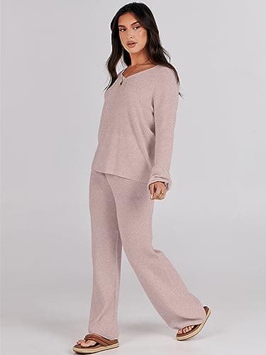 ANRABESS Women's Long Sleeve Cable Knit Set with Wide Leg Pants