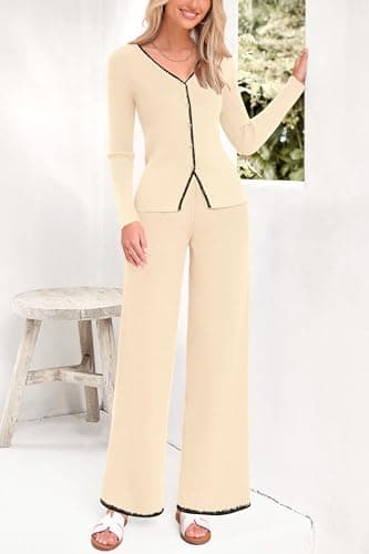 PrettyGarden Women's 2024 Winter Knit Lounge Sets Wide Leg Pants Buttons