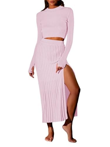 Pink Queen Women's 2-Piece Long Sleeve Crop Top & Ribbed Midi Skirt Knit Dress Set