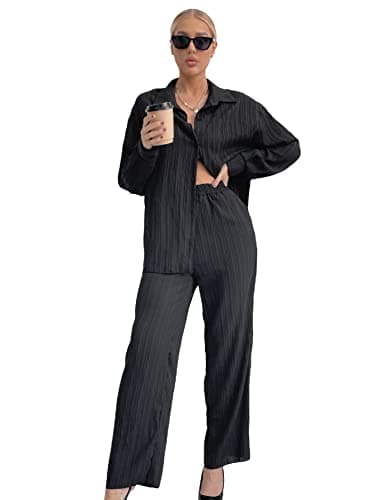 Floerns Women's Longline Blouse & Wide Leg Pants Outfit Set