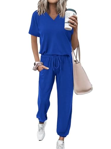 MASCOMODA Women's Summer V-NeckShort Sleeve Top & Long Pants Tracksuit