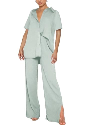 LYANER Women's Button Down Shirt & Wide Leg Pants Set