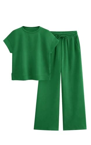 PRETTYGARDEN Women Casual Tracksuit Short Sleeve Top & Wide Leg Pants Matching Lounge Set