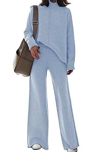 High Neck Knitted Sweater and Wide Leg Pant Set for Women