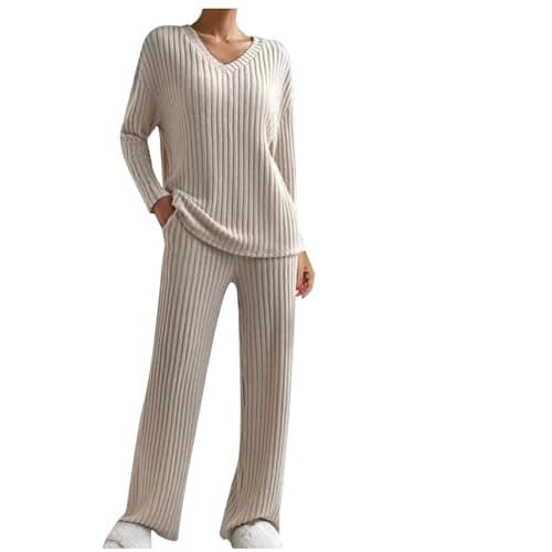 2024 Trendy Lightweight Knit Lounge Sets for Women V-Neck Straight Leg