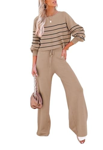 Pink Striped Knitted Sweater & Wide Leg Pants Outfit for Women Lounge Sets