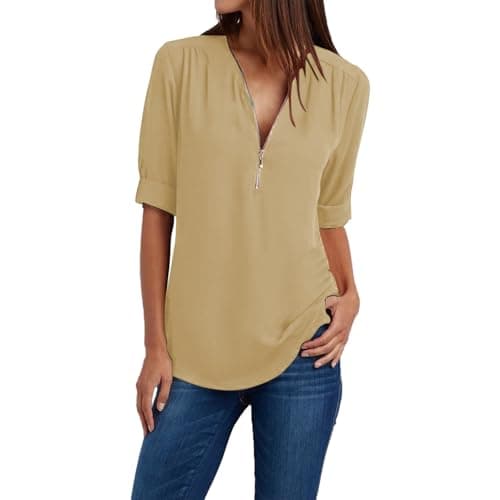 Trendy Plus Size Zip Front 3/4 Sleeve V Neck Summer Tops
