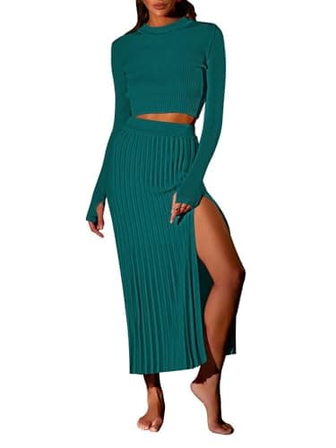 Pink Queen Women's 2-Piece Long Sleeve Crop Top & Ribbed Midi Skirt Knit Dress Set