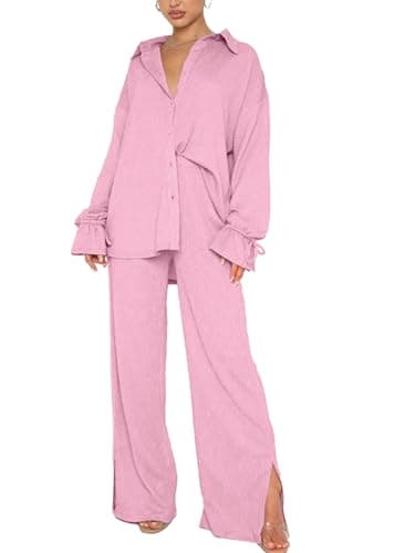 LYANER Women's Button Down Long Sleeve Shirt & Wide Leg Pants Set