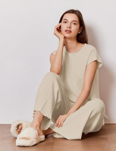 Ekouaer Women's Knit Cap Sleeve Tops & Wide Leg Pleated Pants Casual Sweater Sets