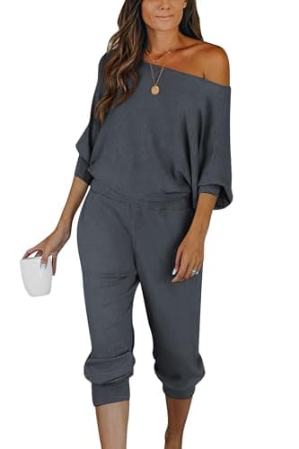 PRETTYGARDEN Women's Off-Shoulder Ribbed Tracksuit with Pockets
