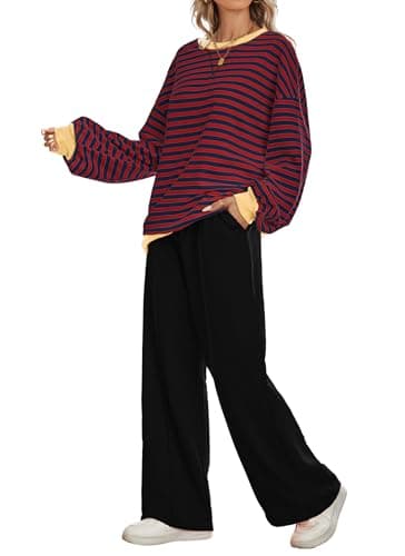 Kikibell Women's Striped Color Block Sweatshirt & Wide Leg Pants Trendy Tracksuit