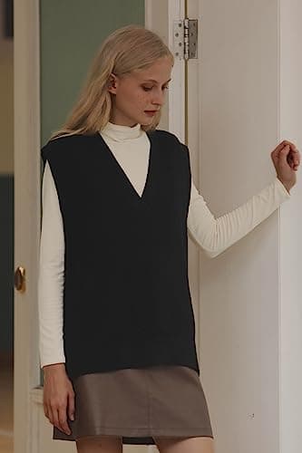 LANYO Women's Oversized V-Neck Chunky Knit Vest Tops