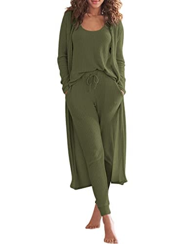 Eurivicy Women's Waffle Knit 3-Piece Lounge Set with Long Cardigan