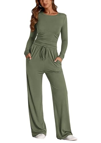 PrettyGarden Women's Spring Fall Two-Piece Tracksuit Long Sleeve Crop Tops Wide Leg Pants Matching Lounge Sets