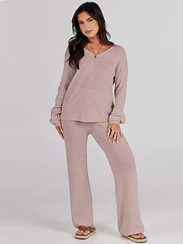 ANRABESS Women's Long Sleeve Cable Knit Set with Wide Leg Pants