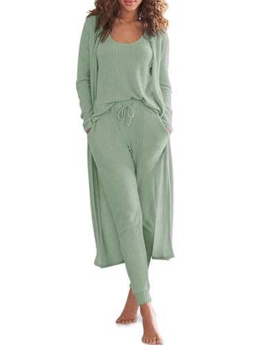 Eurivicy Women's Waffle Knit 3-Piece Lounge Set with Long Cardigan