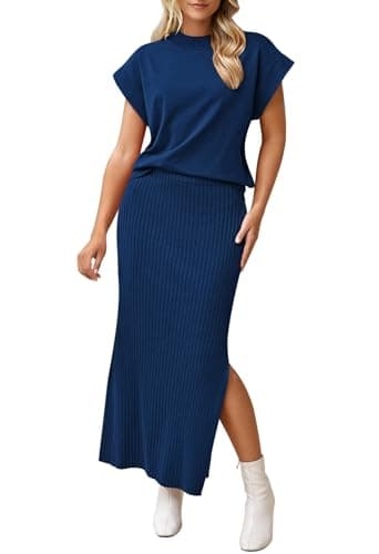 Pink Queen Women's Summer Cap Sleeve Sweater SET Bodycon Maxi Knit Dress