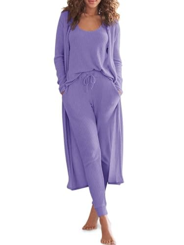 Eurivicy Women's Waffle Knit 3-Piece Lounge Set with Long Cardigan